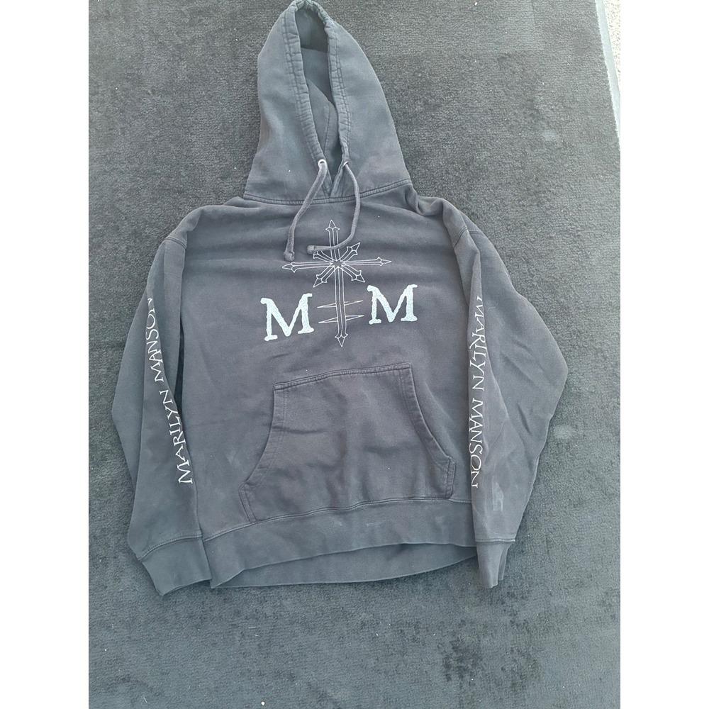 Marilyn Manson MM Cross Logo Graphic Hoodie Black Faded Rock Sweatshirt Large